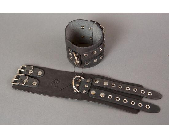 Широкие черные кожаные наручники без подкладки, фото 